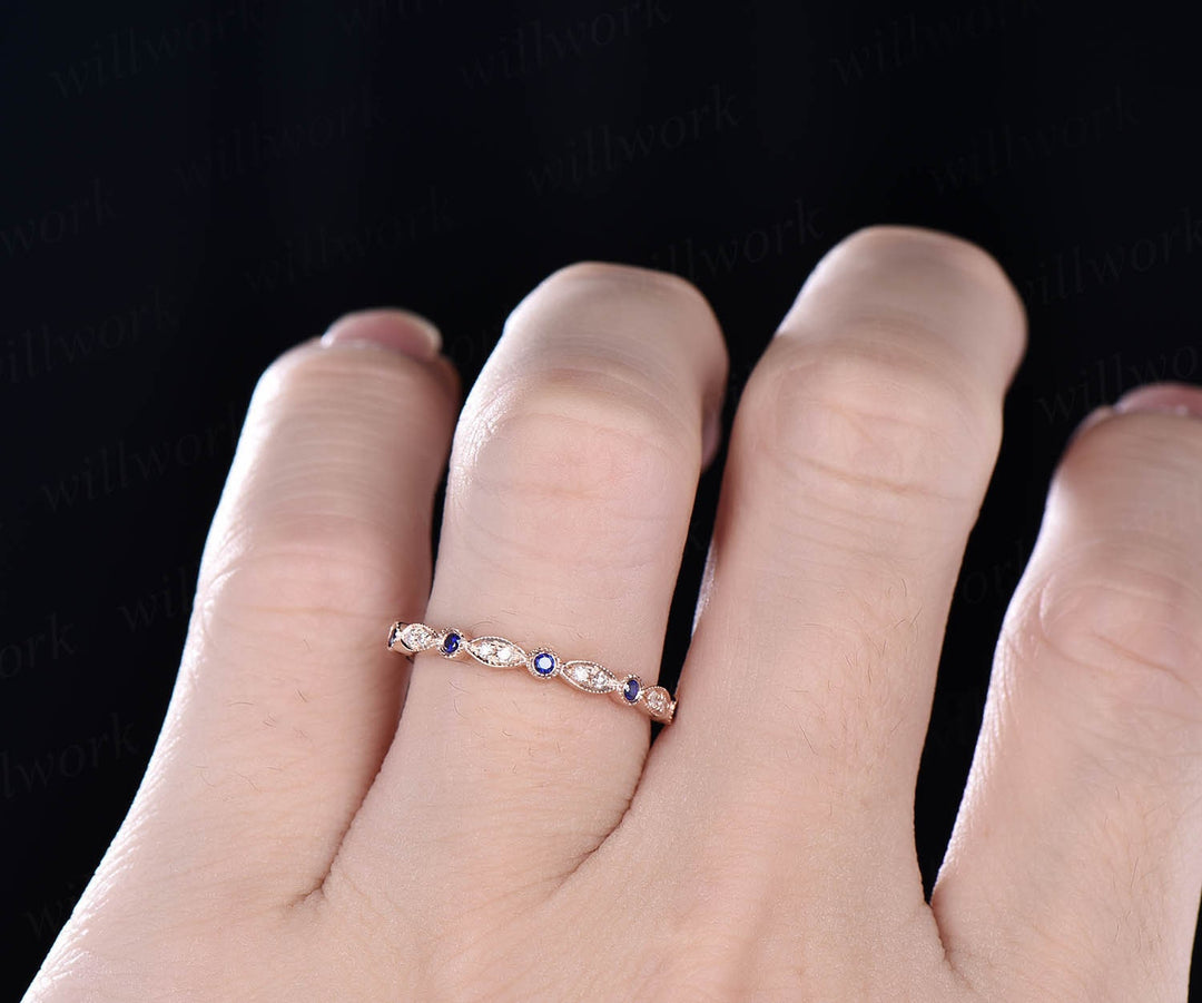 Art deco natural sapphire ring rose gold women marquise ring setting Milgrain vintage diamond wedding ring band September birthstone ring