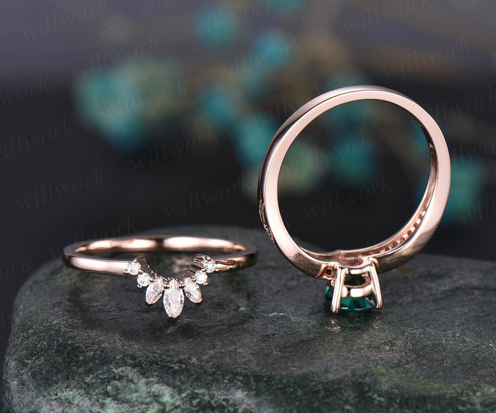 2pc 6x8mm pear emerald wedding bridal ring set unique vintage emerald engagement ring set rose gold marquise crown moissnaite ring band gift