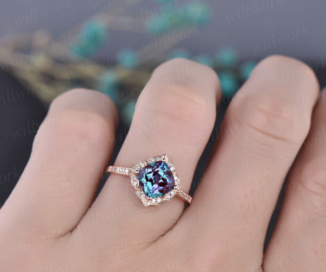 Flower cluster diamond halo ring vintage unique cushion cut Alexandrite engagement ring rose gold June birthstone wedding ring jewelry gift