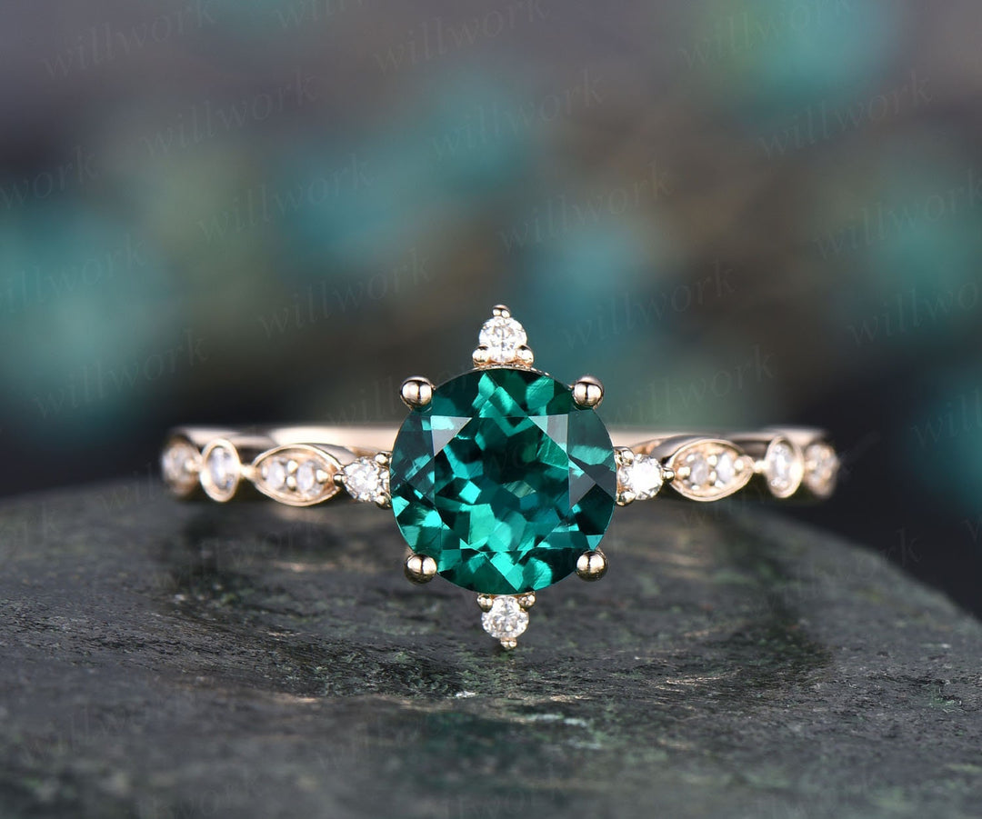 Uniuqe vintage green emerald engagement ring 14k yellow rose gold art deco diamond ring anniversary wedding bridal gift May birthstone ring