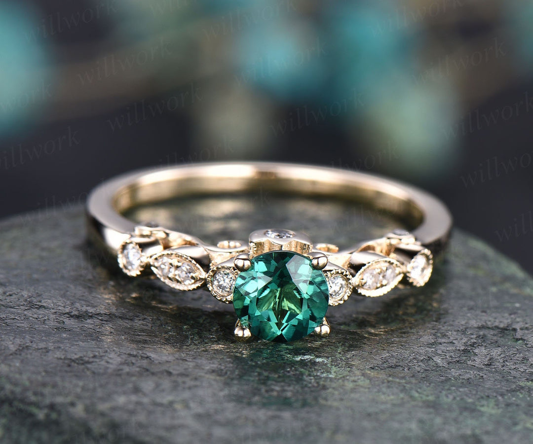 Rose gold ring 5mm green emerald ring vintage emerald engagement ring 14k rose gold diamond ring unique design antique may birthstone ring