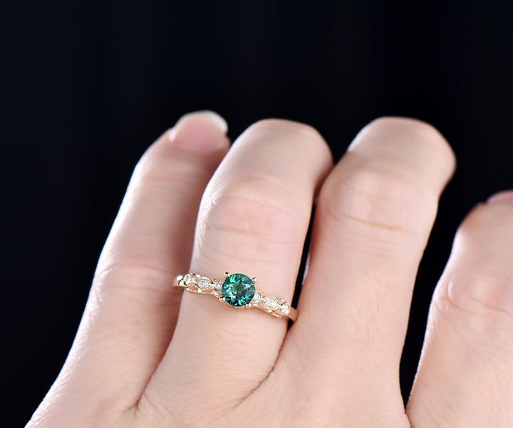 Rose gold ring 5mm green emerald ring vintage emerald engagement ring 14k rose gold diamond ring unique design antique may birthstone ring