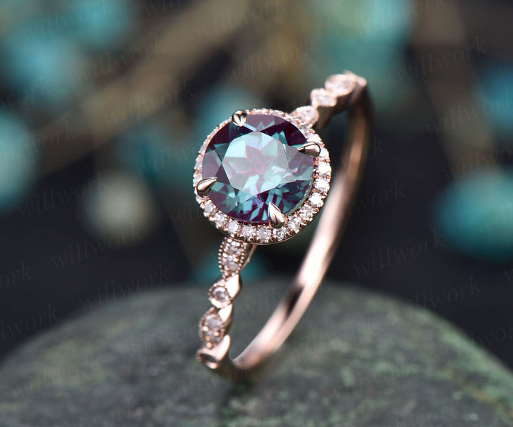 Art deco diamond halo ring color change alexandrite engagement ring rose gold marquise June birthstone ring wedding bridal anniversary ring