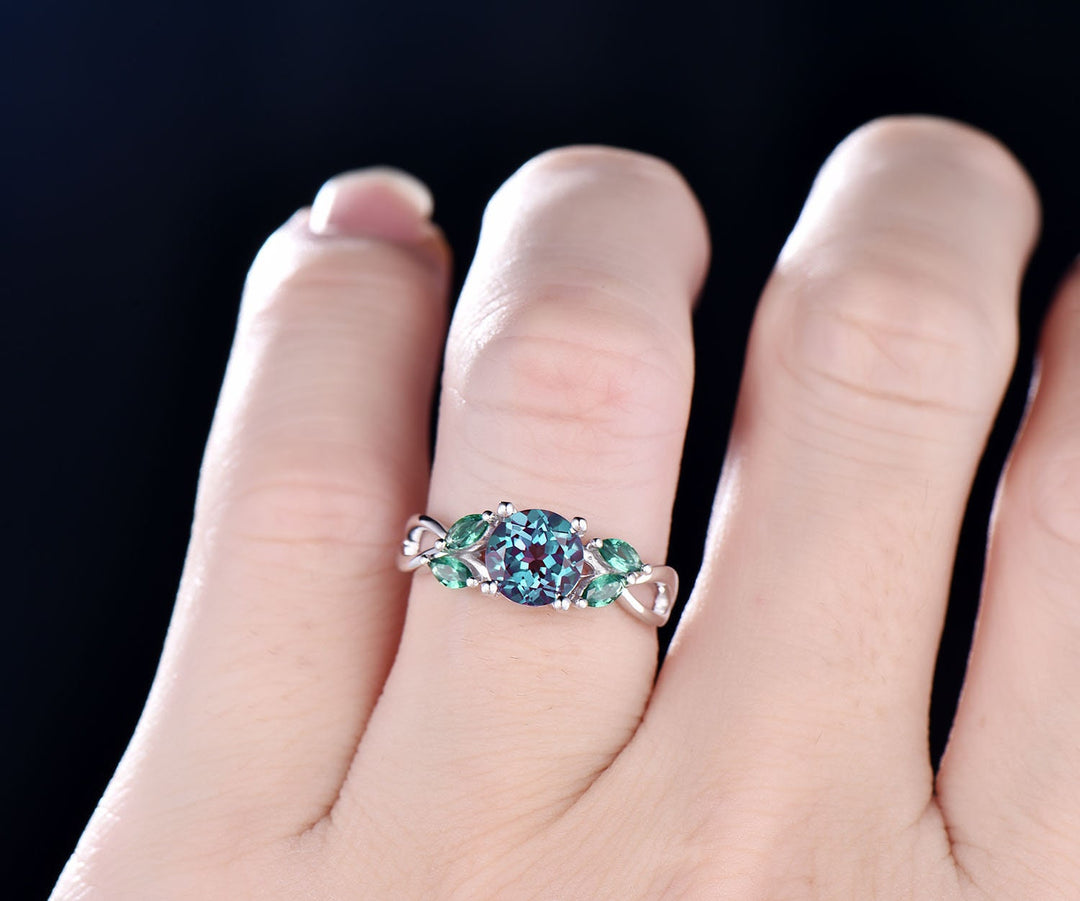 Unique engagement ring vintage engagement ring Alexandrite engagement ring white gold marquise emerald ring gold wedding anniversary gift