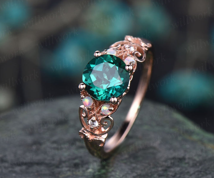 Unique vintage opal engagement ring emerald engagement ring  rose gold butterfly diamond ring wedding anniversary gift May birthstone ring