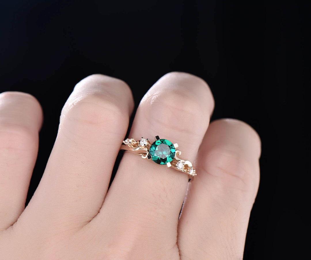 Emerald ring vintage emerald engagement ring 14k rose gold real diamond ring gift unique antique wedding promise anniversary ring for her