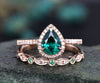 2pcs emerald bridal set unique vintage engagement ring pear emerald engagement ring set rose gold natural emerald wedding ring band jewelry