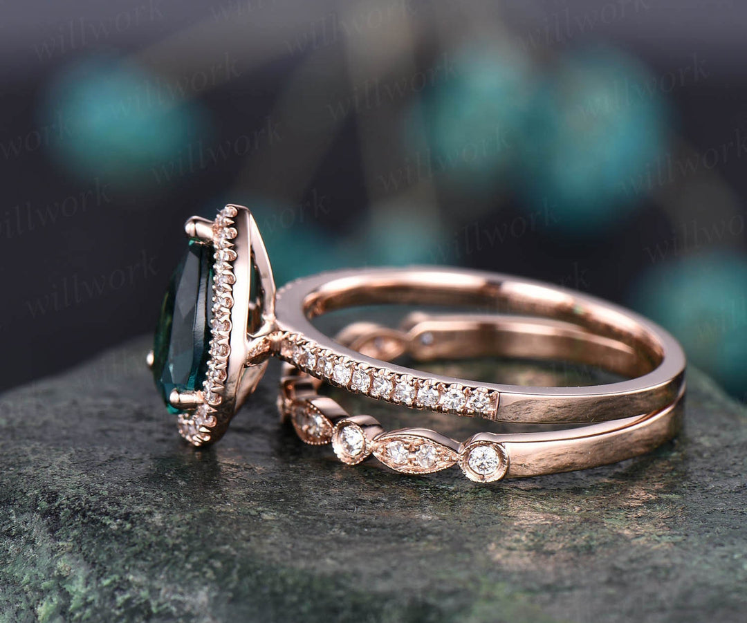 2pcs Alexandrite wedding bridal set pear Alexandrite engagement ring set rose gold art deco stacking matching diamond ring unique jewelry