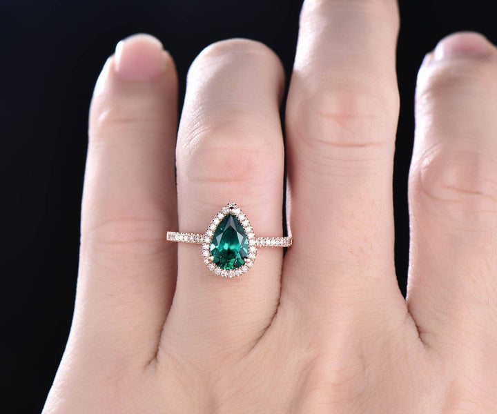 6x9mm Pear cut emerald engagement ring rose gold diamond halo vintage unique engagement ring May birthstone ring wedding anniversary gift
