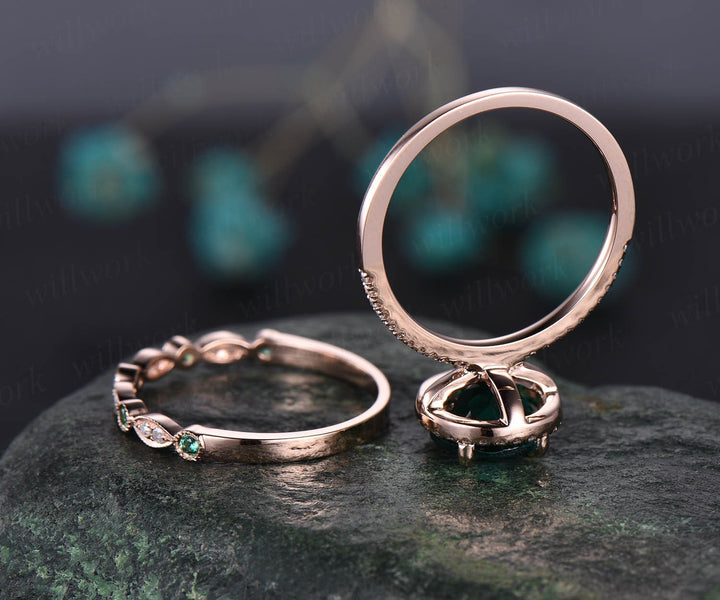 2pcs 8mm round Lab treated emerald engagement ring set rose gold natural emerald diamond wedding band vintage wedding bridal ring set gift