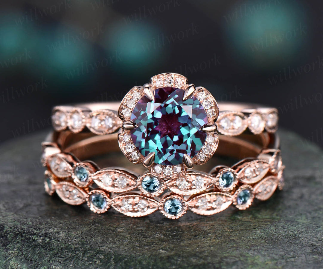 Round Alexandrite wedding set vintage Alexandrite engagement ring set double halo diamond ring set jewelry marquise color change stone ring