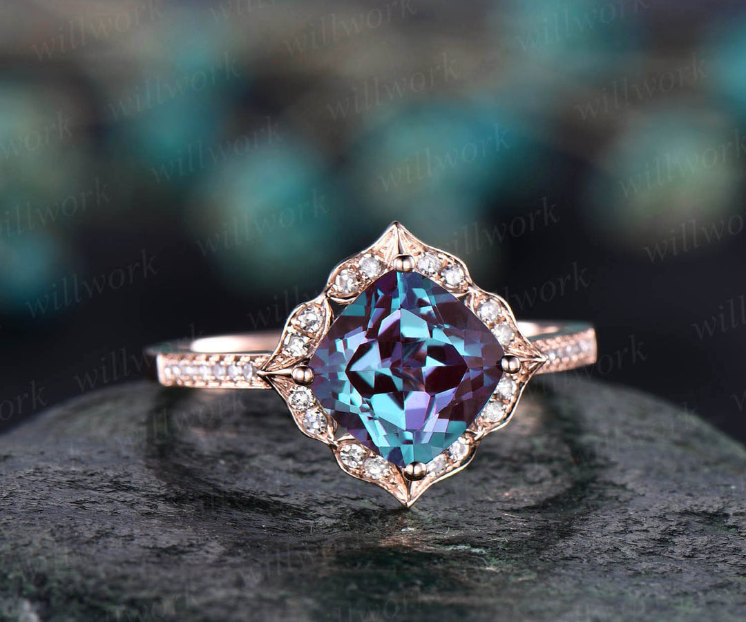 Flower cluster diamond halo ring vintage unique cushion cut Alexandrite engagement ring rose gold June birthstone wedding ring jewelry gift