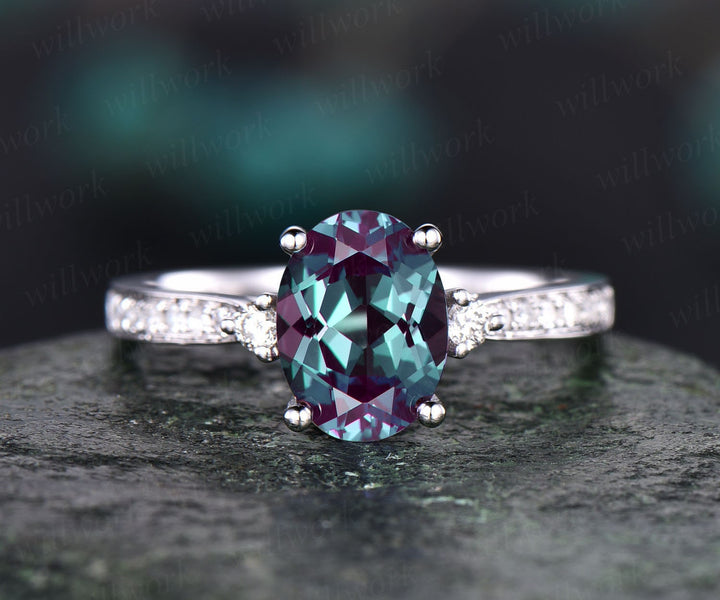 Antique vintage unique Three stone engagement ring oval Alexandrite engagement ring 14k white gold June birthstone moissanite ring jewelry