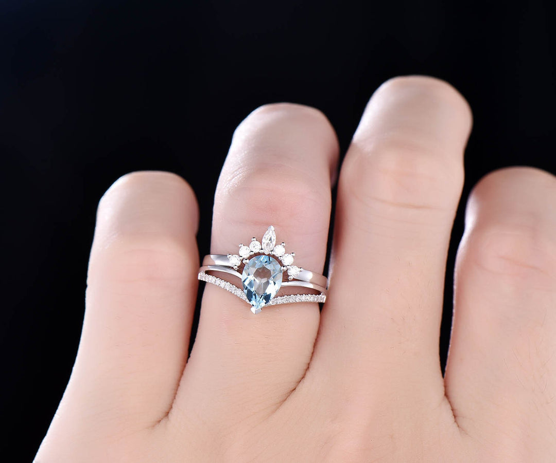 2pc aquamarine engagement ring set rose gold diamond ring split shank moissanite band vintage stack crown wedding bridal promise ring set