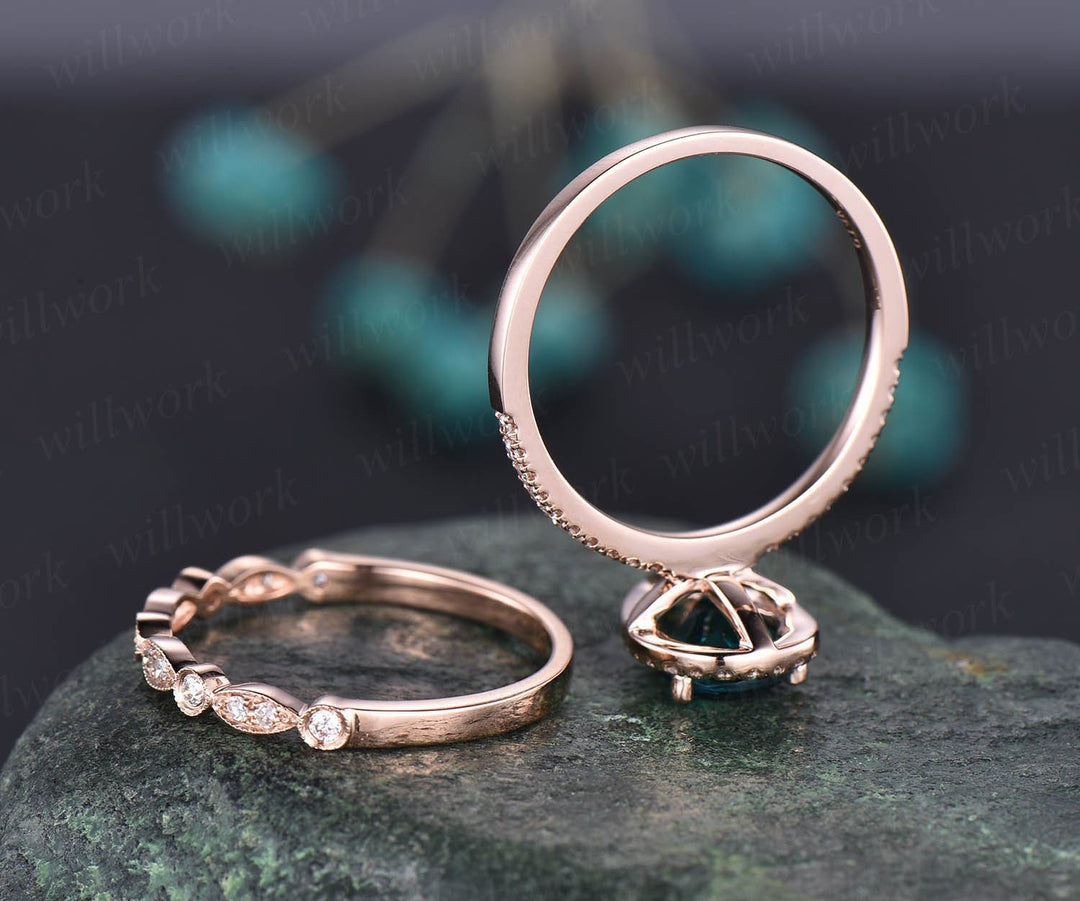 2pcs Alexandrite wedding bridal set pear Alexandrite engagement ring set rose gold art deco stacking matching diamond ring unique jewelry