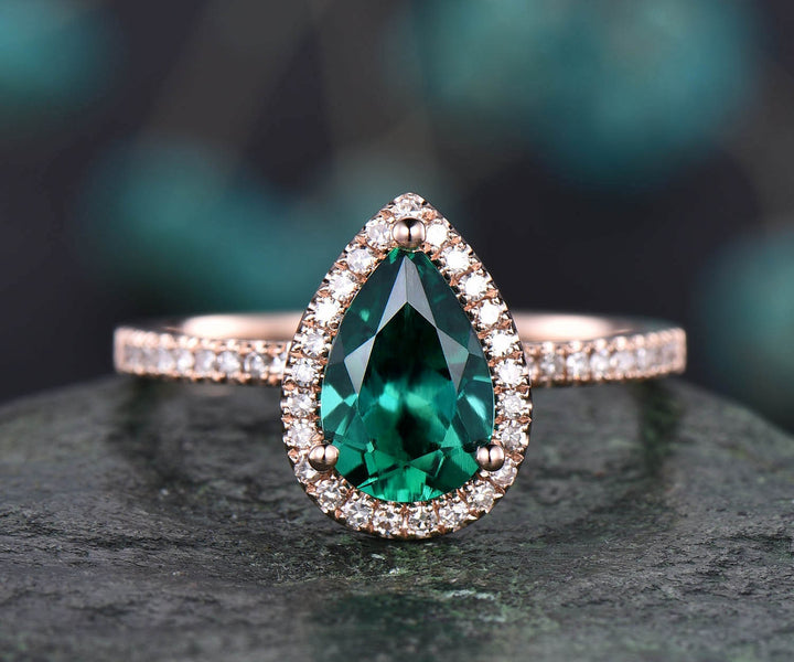 6x9mm Pear cut emerald engagement ring rose gold diamond halo vintage unique engagement ring May birthstone ring wedding anniversary gift
