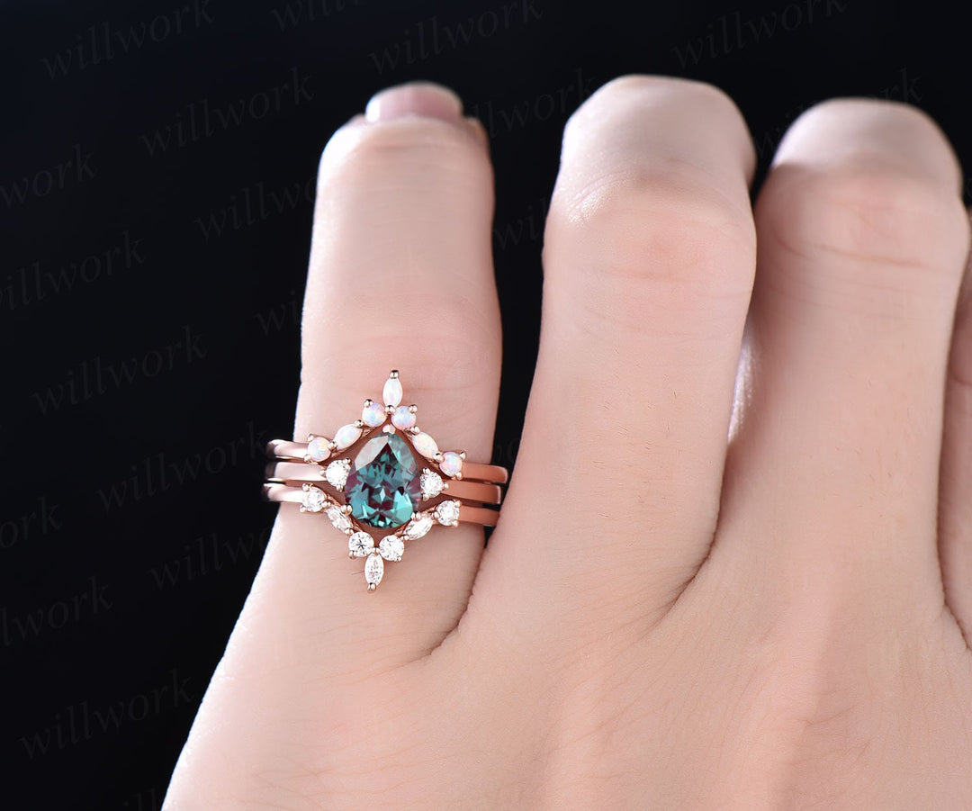 Opal ring gold women three stone ring vintage pear Alexandrite engagement ring set rose gold marquise ring set unique promise ring set gift