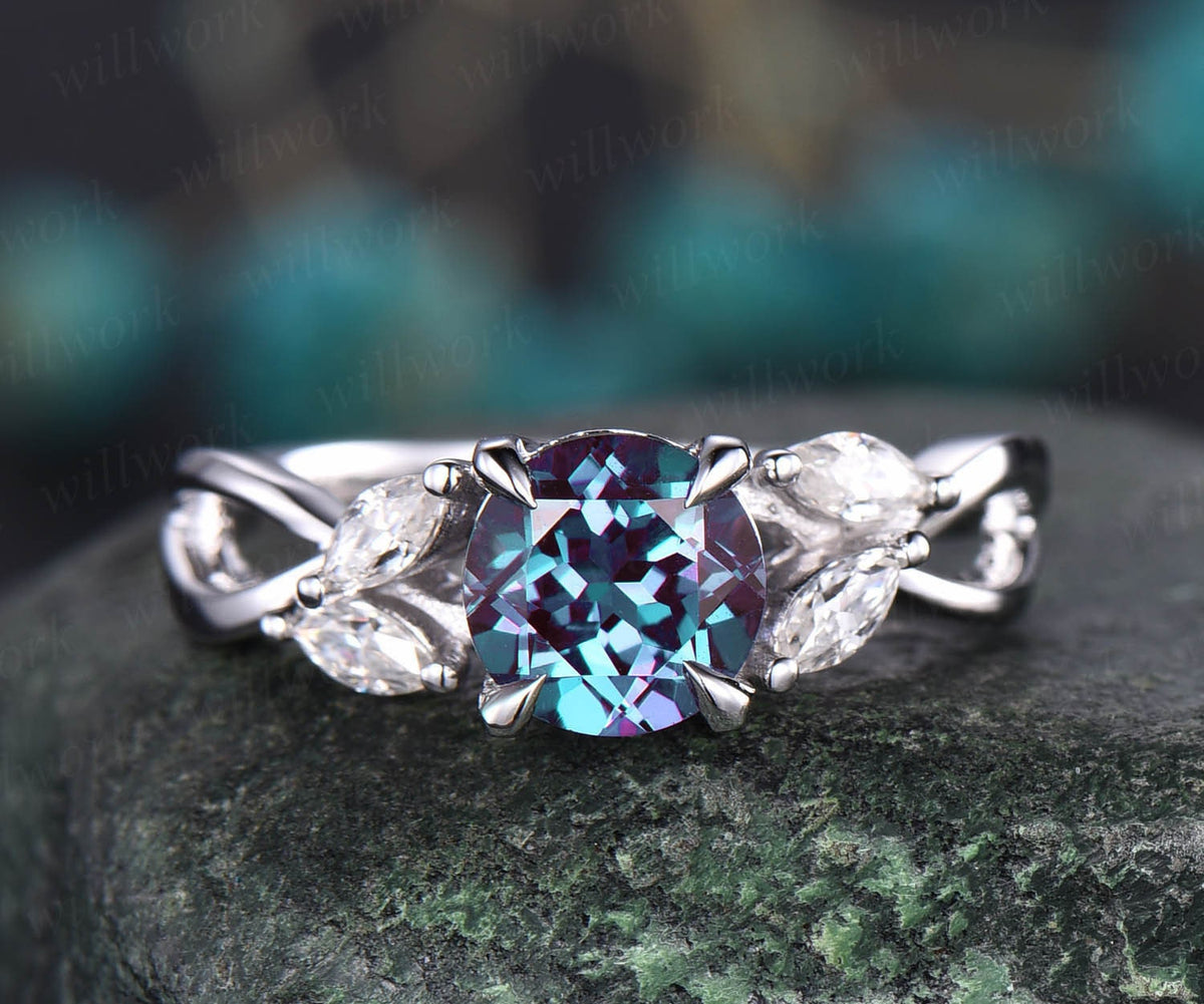 Round color change alexandrite engagement ring white rose gold marquise moissanite art deco antique