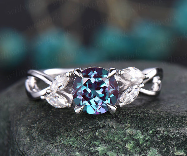 Alexandrite hexagon engagement ring set rose gold amethyst moissanite promise ring