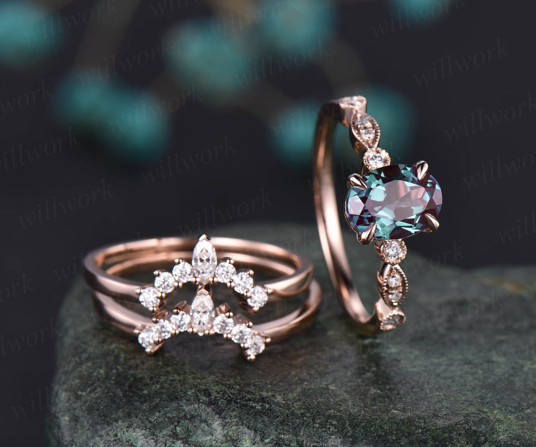 Vintage Alexandrite engagement ring set vintage diamond ring set oval bridal ring set milgrain art deco crown wedding ring set women gift