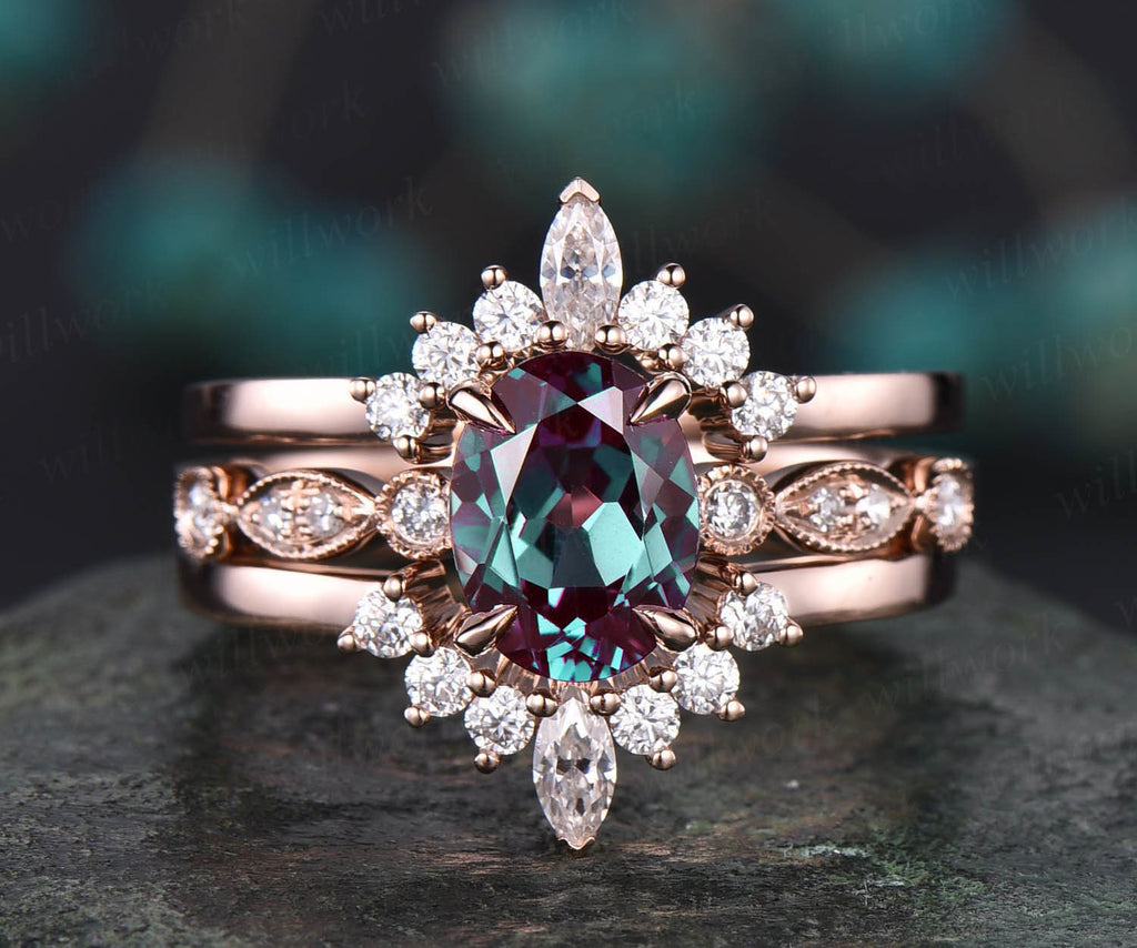 新到着 Vintage Alexandrite engagement ring set vintage diamond ring アクセサリー