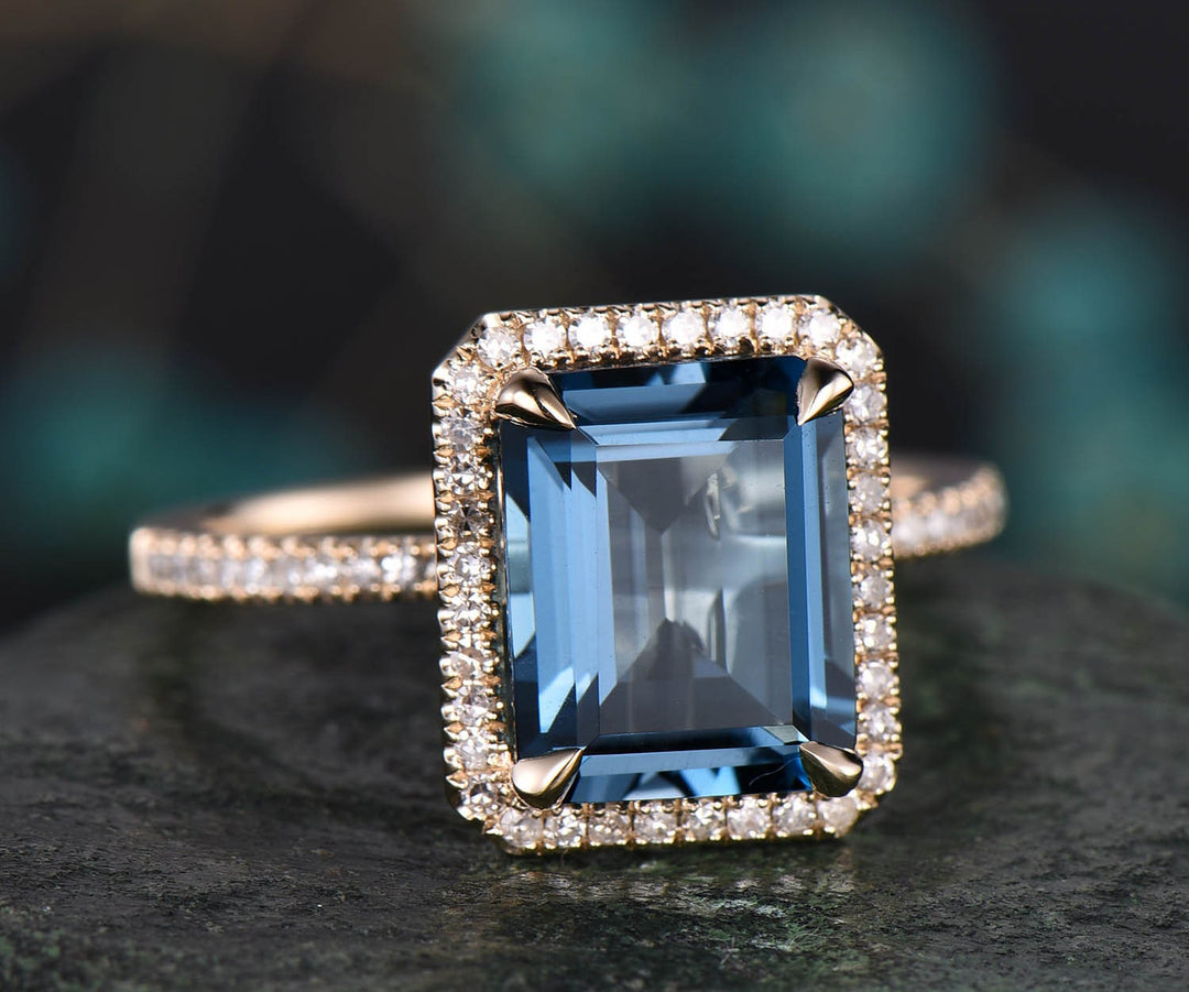 Vintage 8x10mm Emerald Cut London Blue topaz engagement ring topaz ring solid 14k rose gold diamond halo ring bridal wedding set jewelry