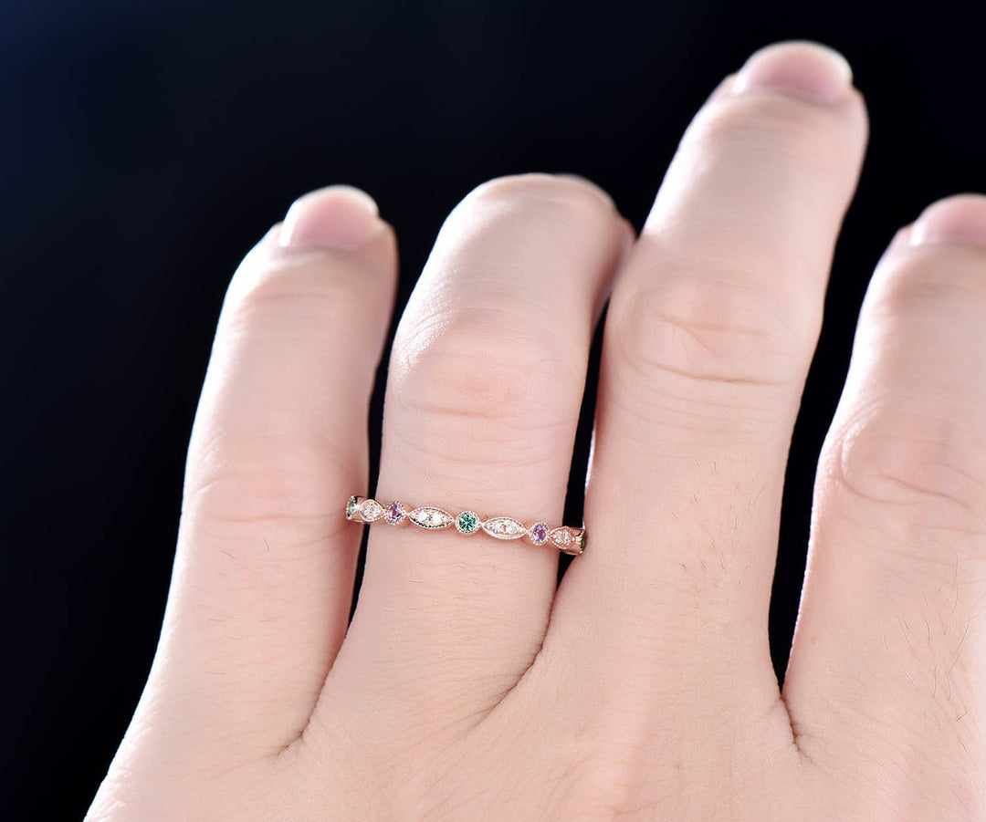 Natual emerald wedding ring full eternity amethyst diamond wedding band 14k rose gold matching stacking May birthstone ring anniversary gift