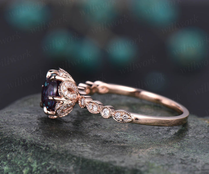 Unique diamond under halo ring round Alexandrite engagement ring rose gold art deco ring June birthstone ring anniversary ring gift for her