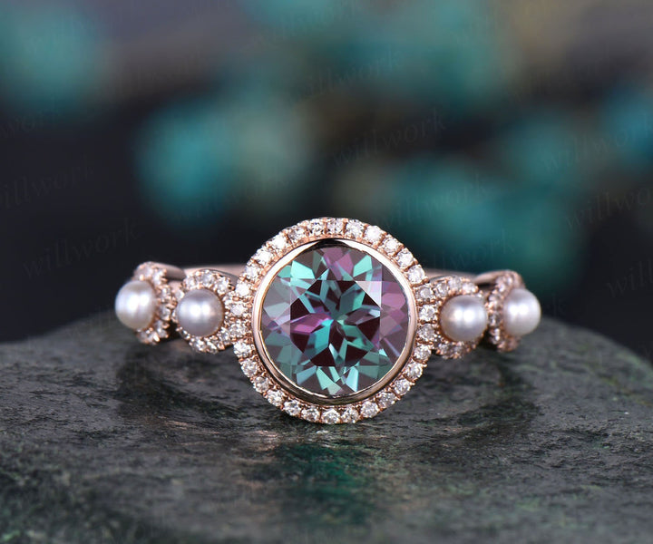 Vintage white Akoya Pearl ring unique color change Alexandrite engagement ring 14k rose gold diamond halo ring June birthstone ring jewelry