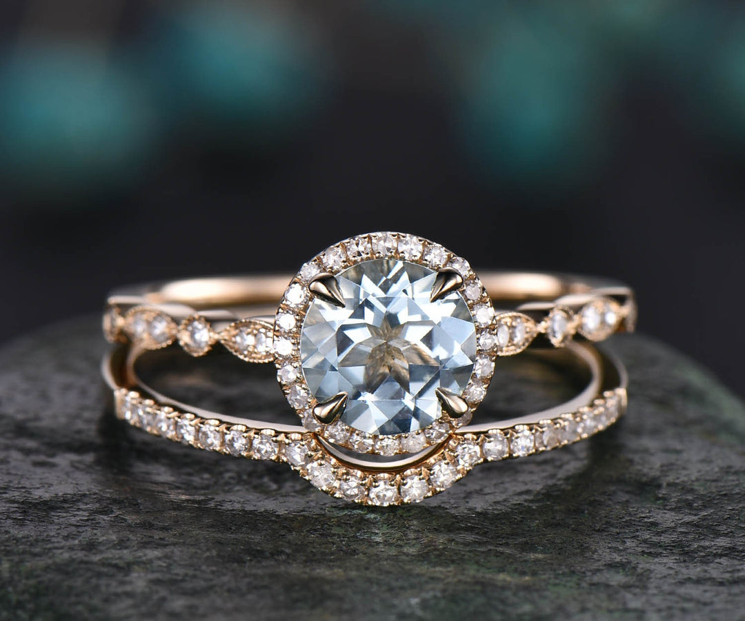 Vintage Blue Aquamarine Engagement Ring Set Solid 14k Rose Gold Handmade Art Deco Arched Diamond Rng Wedding Ring Set March Birthstone Ring