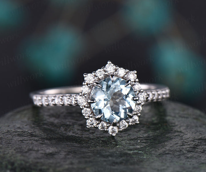 Round aquamarine bridal set unique vintage aquamarine engagement ring set art deco diamond ring for women March birthstone ring jewelry gift