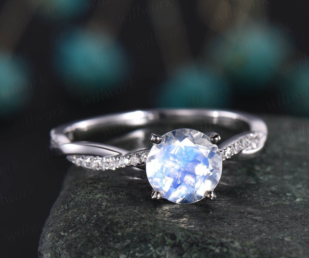 Vintage unique engagement ring round rainbow moonstone engagement ring 14k white gold twisted real dianond ring birthday anniversary gift