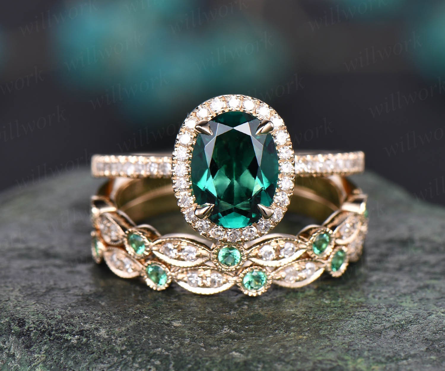 Oval Emerald Ring Stack Gold Vintage Halo Diamond Ring Curved Band | Green  gemstone engagement rings, Emerald engagement ring set, Diamond alternative  engagement ring