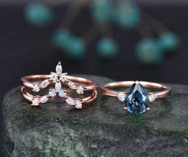 Curved marquise moissanite opal wedding ring vintage unique three stone 3pcs pear London blue topaz engagement ring set 14k rose gold ring