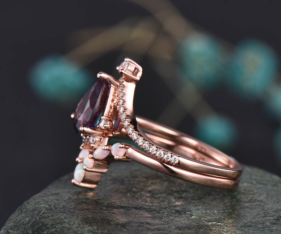 Vintage moissanite ring opal ring gold 2pcs teardrop Alexandrite engagement ring set 14k 18k rose gold birthstone custom unique jewelry gift
