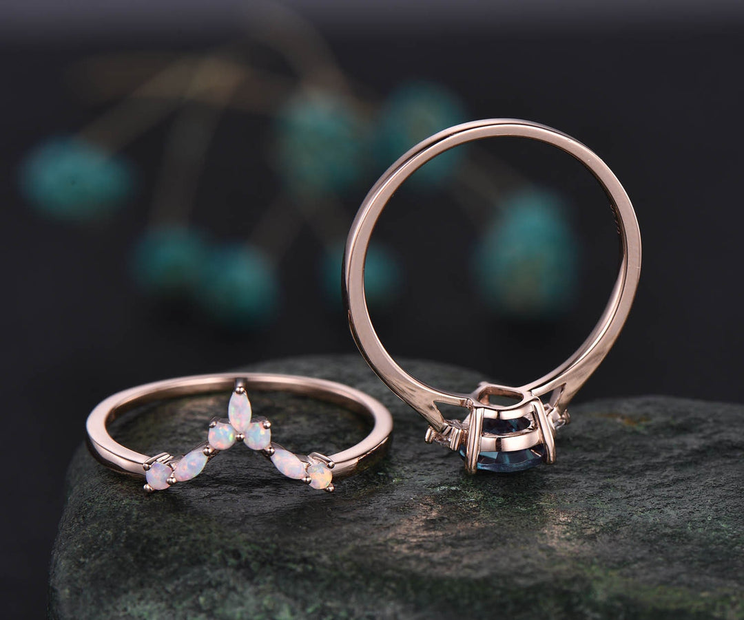 Curved marquise opal ring gold three stone engagement ring 2pcs teardrop Alexandrite engagement ring set 14k rose gold June birthstone ring