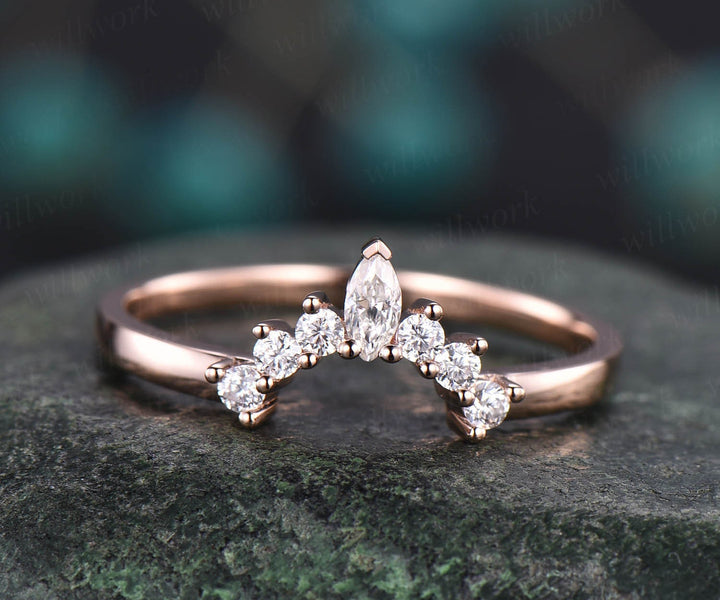 Marquise moissanite wedding ring curved crown moissanite wedding band 14k rose gold matching stacking band bridal birthday anniversary gift