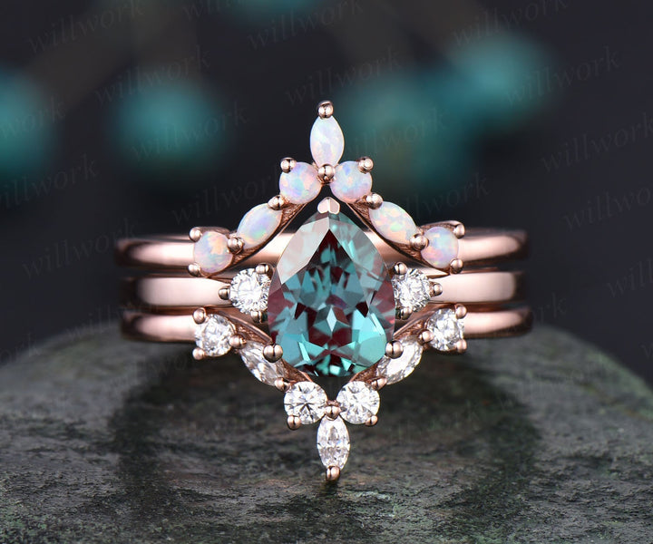 Opal ring gold women three stone ring vintage pear Alexandrite engagement ring set rose gold marquise ring set unique promise ring set gift