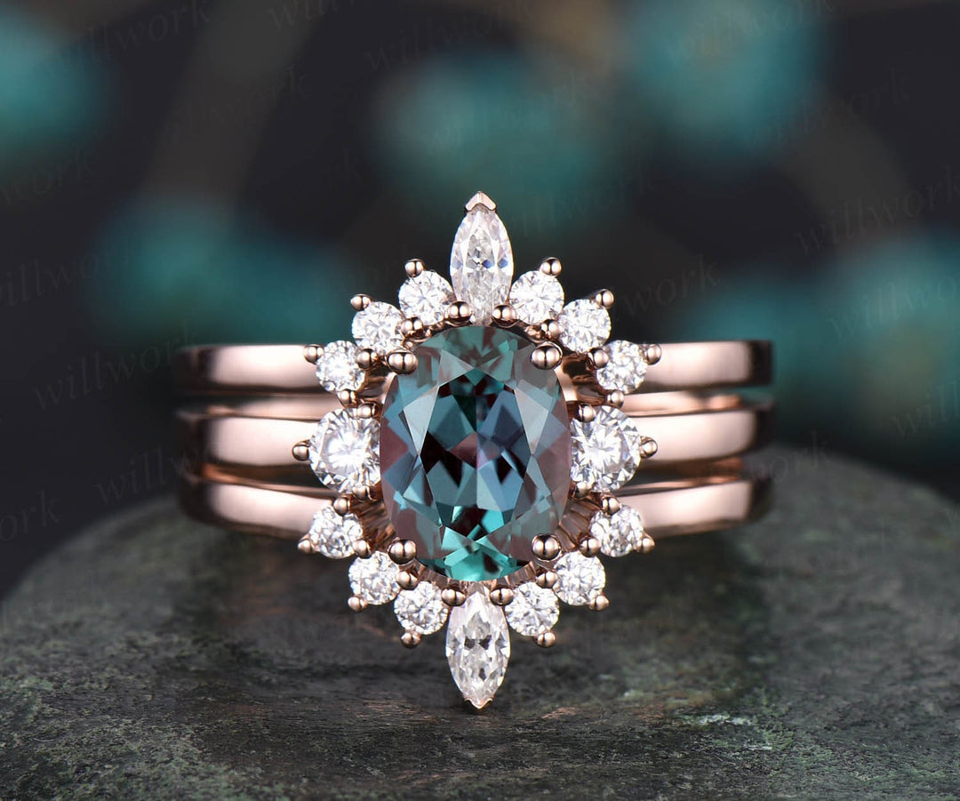 3pcs oval Alexandrite engagement ring set 14k rose gold vintage Alexandrite rings for women marquise moissanite three stone ring bridal set