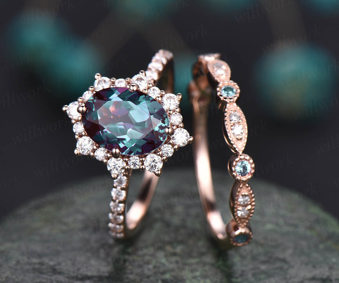 Unique Round Cut Alexandrite Engagement Ring Set Art Deco Rose