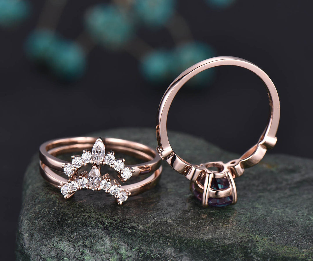 Vintage Alexandrite engagement ring set vintage diamond ring set oval bridal ring set milgrain art deco crown wedding ring set women gift