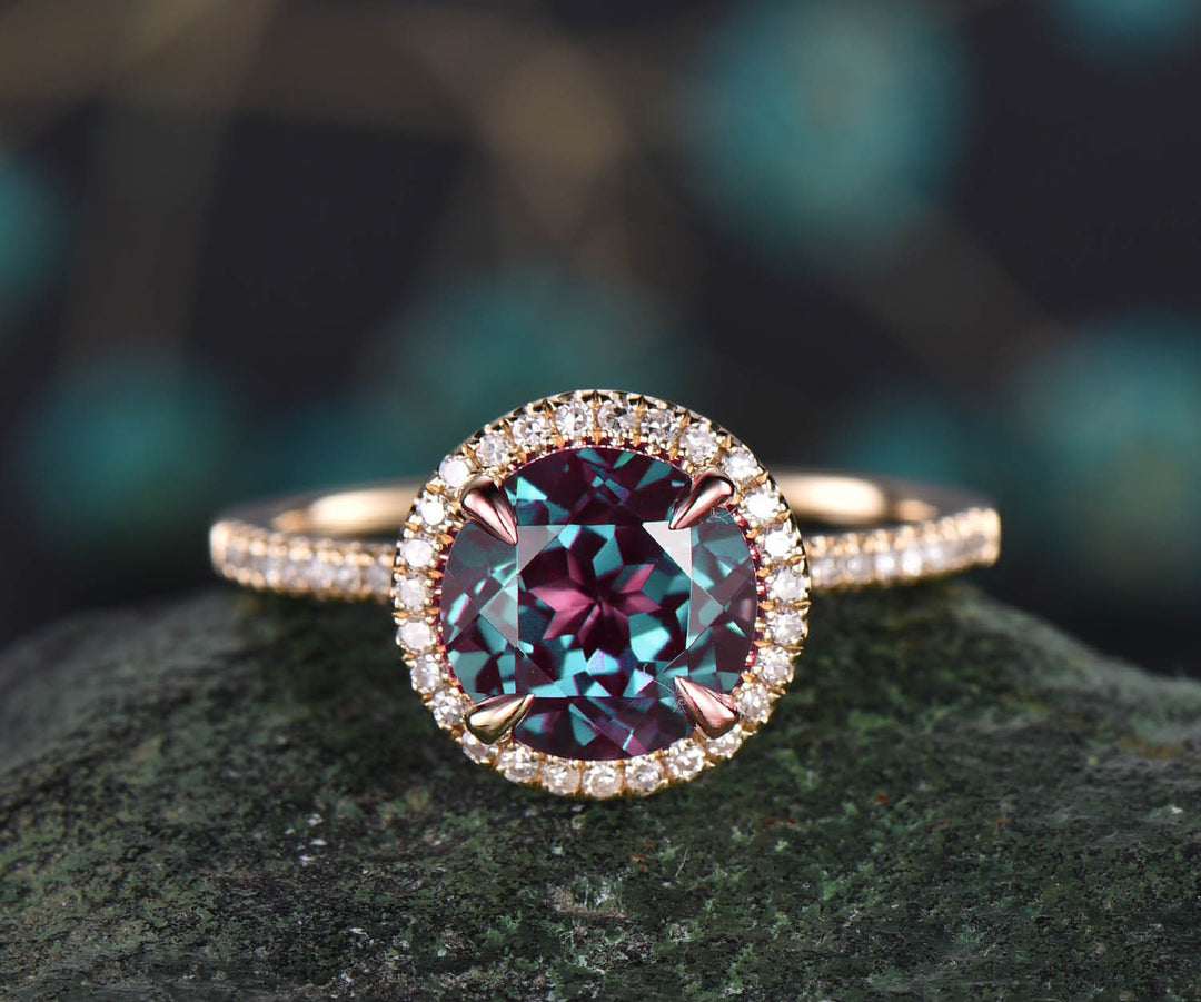 Diamond halo ring unique Alexandrite engagement ring rose gold 8mm round cut Alexandrite ring vintage June birthstone ring anniversary ring