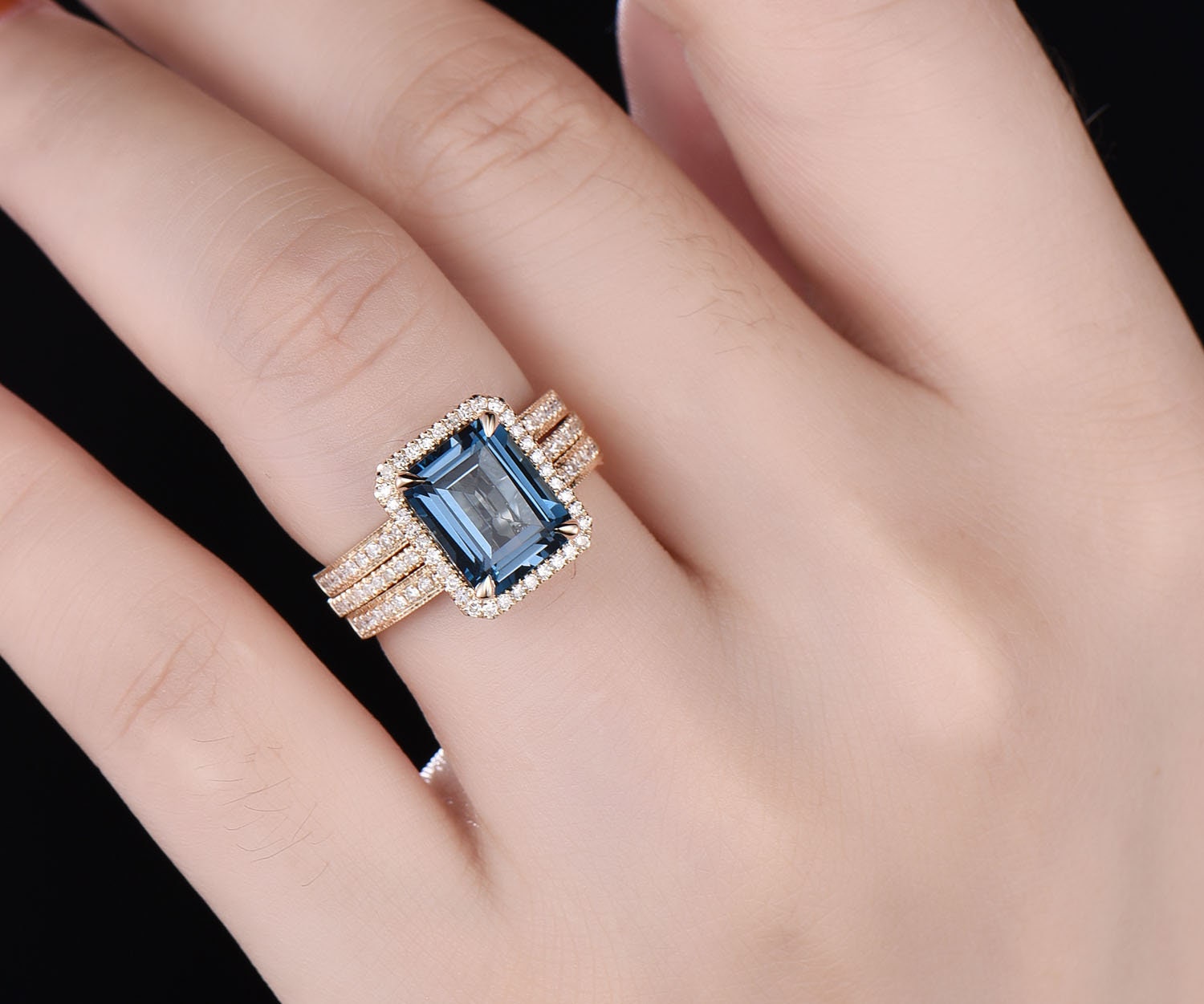 Simple buy November Birthstone Ring Silver Emerald Cut London Blue Topaz Bridal Ring