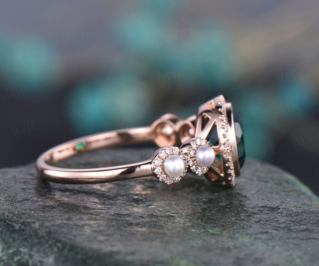 Vintage white Akoya Pearl ring unique color change Alexandrite engagement ring 14k rose gold diamond halo ring June birthstone ring jewelry