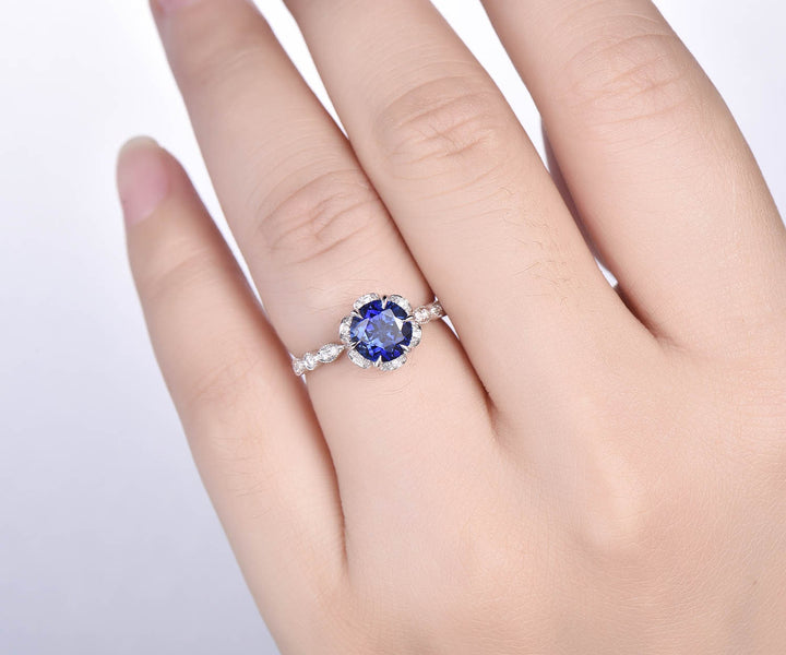 Blue sapphire ring vintage sapphire  engagement ring 14k rose gold for women diamond under halo ring marquise floral wedding ring jewelry