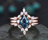 Curved marquise moissanite opal wedding ring vintage unique three stone 3pcs pear London blue topaz engagement ring set 14k rose gold ring