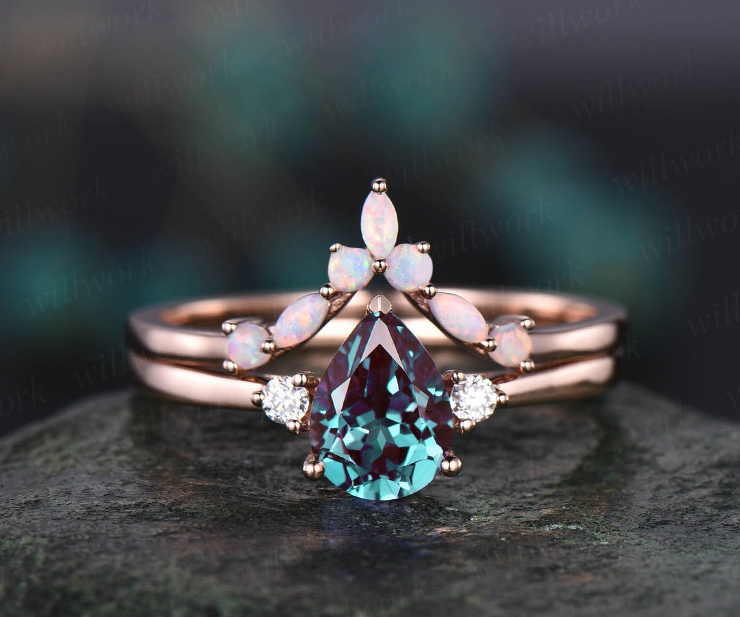 Curved marquise opal ring gold three stone engagement ring 2pcs teardrop Alexandrite engagement ring set 14k rose gold June birthstone ring