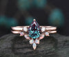 Curved marquise opal ring gold three stone engagement ring 2pcs teardrop Alexandrite engagement ring set 14k rose gold June birthstone ring