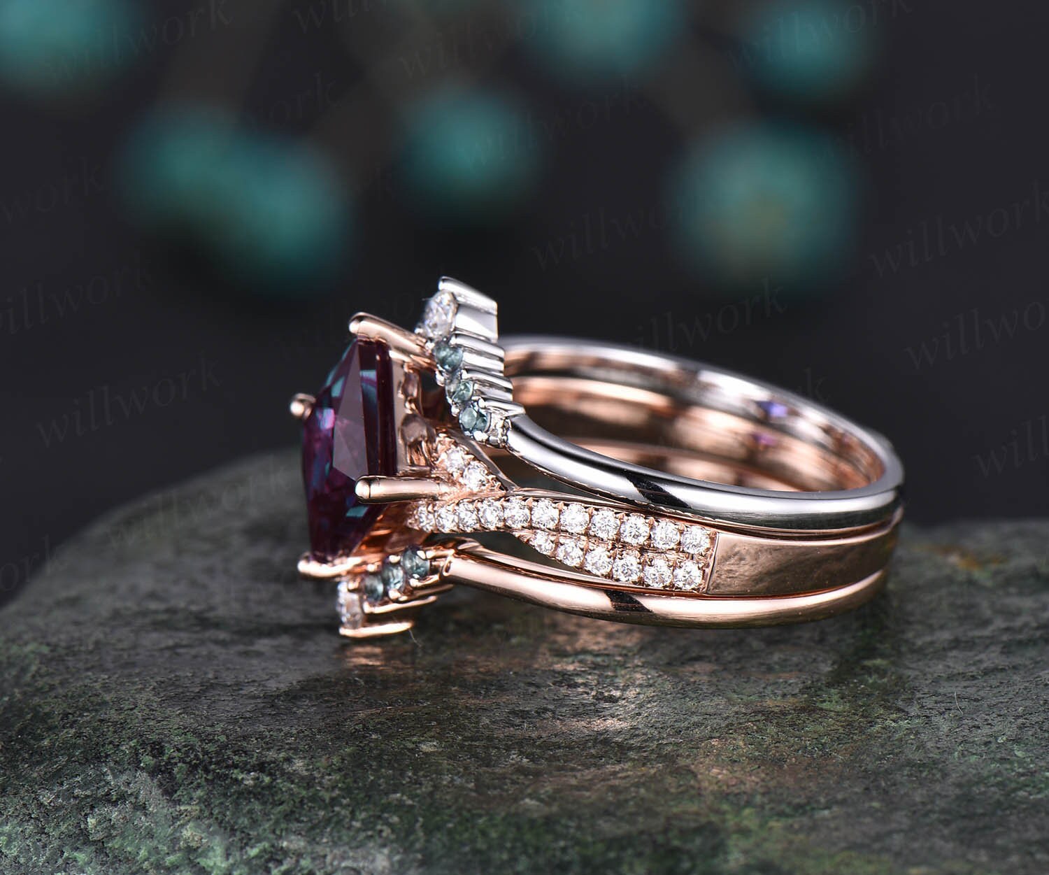 3pcs Alexandrite bridal set princess cut Alexandrite engagement ring set  14k rose gold vintage diamond ring Alexandrite stack wedding band