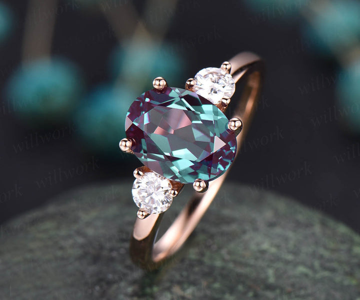 7x9mm oval shaped Alexandrite engagement ring unique vintage three stone moissanite engagement ring for women rose gold ring birthday gift